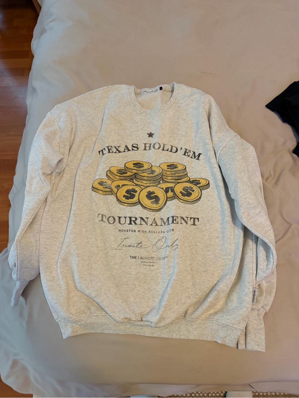 The Laundry Room Light Gray Crewneck Sweatshirt with Yellow Coin Graphic